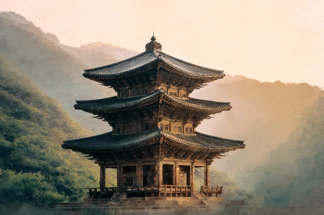 Palsangjeon Pagoda South Korea Watercolor Art