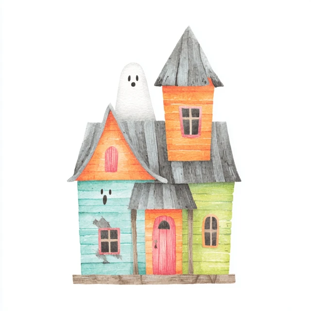 Haunted House Watercolor Illustration Halloween Spooky