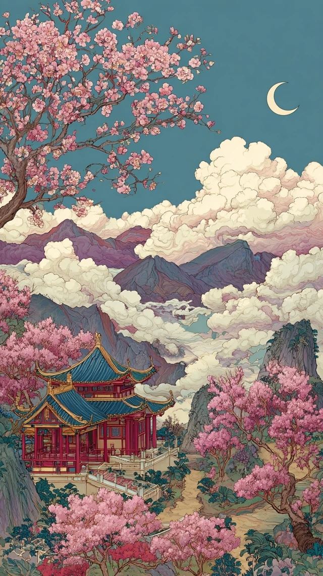 Chinese Ink Painting Cherry Blossom Landscape