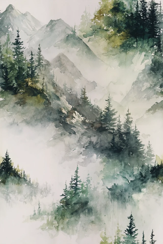 Misty Forest Watercolor Painting Scenery Art