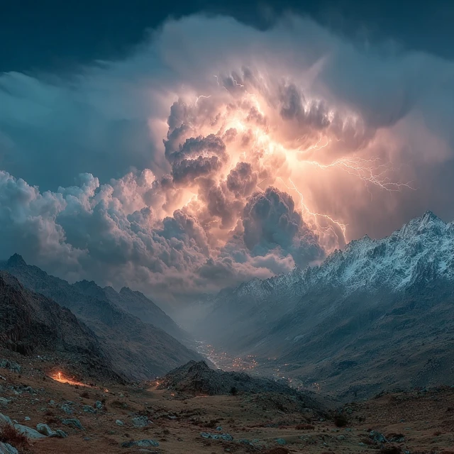 Stormy Sky Lightning Over Ancient Mountains