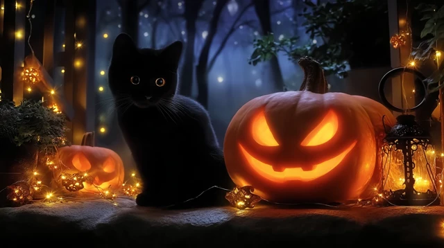 Halloween Night Jack O Lanterns and Black Cat