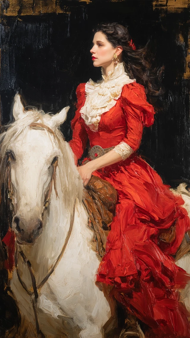Woman on Horse Oil Painting in Red Dress