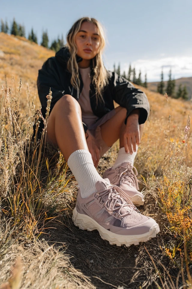 Pink Trail Sneakers in a Mountain Field