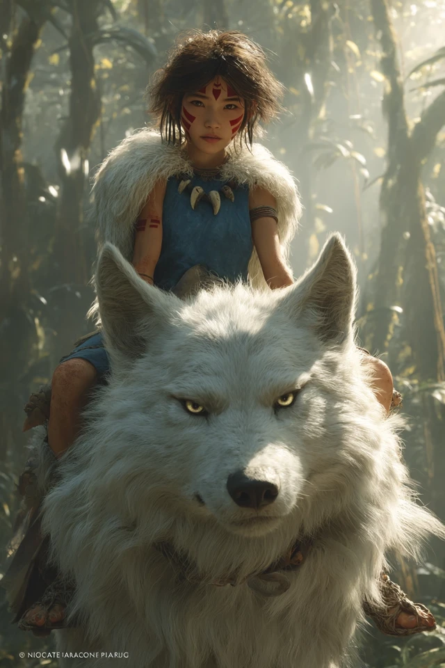 Young Girl and White Wolf in Mystical Forest Photo