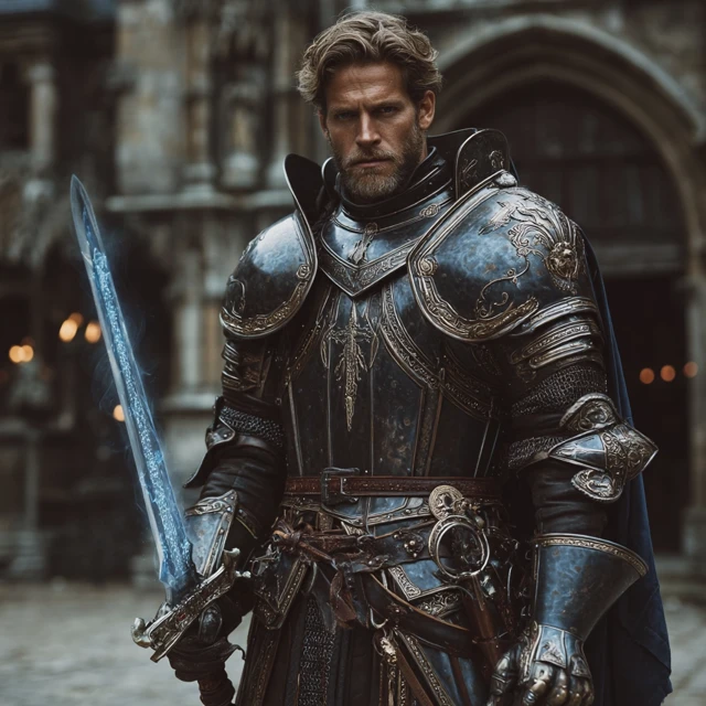 Handsome Knight with Glowing Sword in Gothic Village