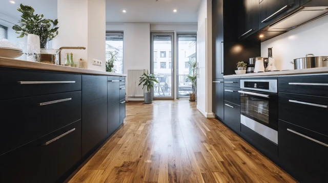 Modern Kitchen Design Black Cabinets Wooden Floor