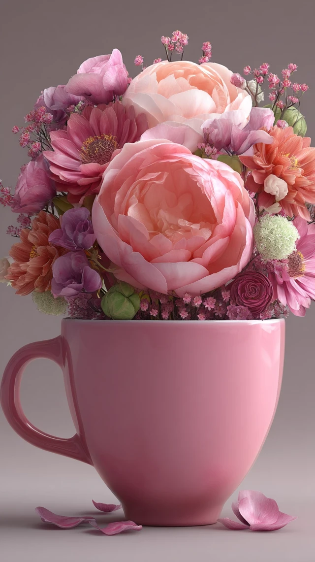 Pink Cup with Floral Bouquet Hyperrealistic