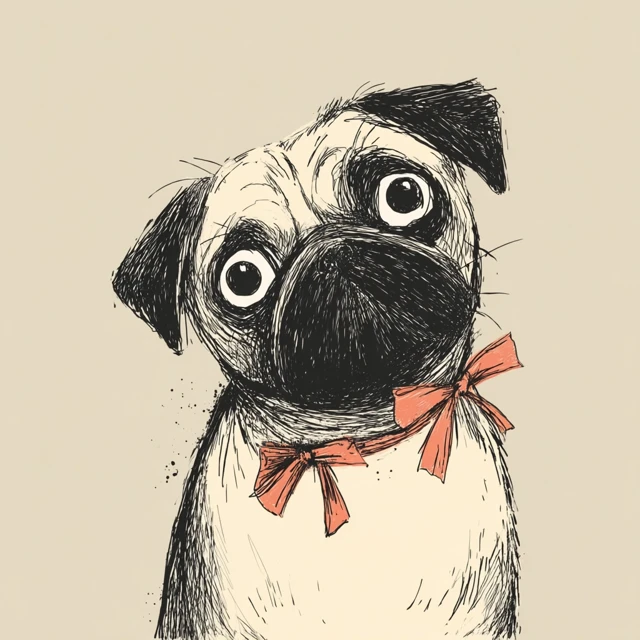Pug Drawing with Bow Adorable Simple Illustration