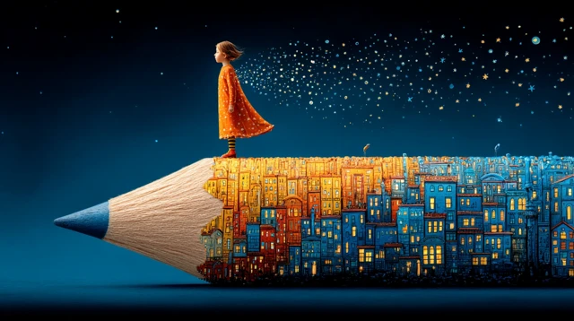 Child on Pencil Flying Over Fantasy City