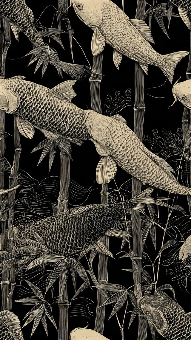 Oriental Engraving Carp Bamboo Black Background