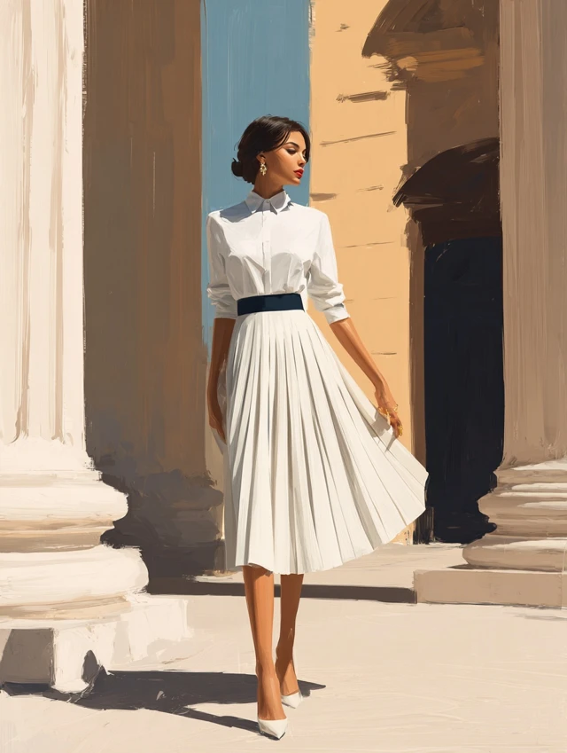 Elegant Model in Pleated Skirt Urban Setting