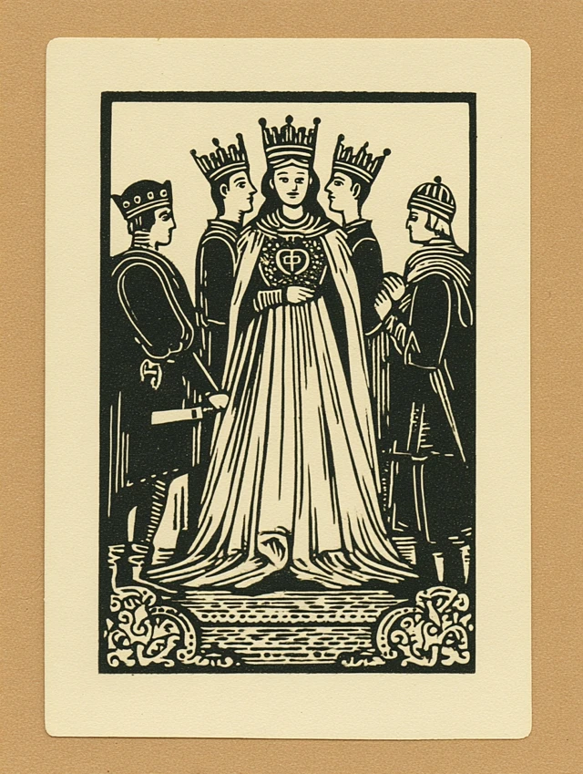 Tarot Card Queen with Three Heads Tiny Men Bowing