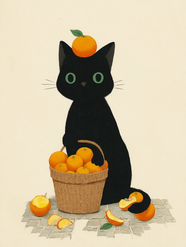Cute Black Cat with Orange Fruit Art by Hyunjoo Jeon