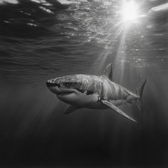 Great White Shark Underwater Hyperrealistic Drawing