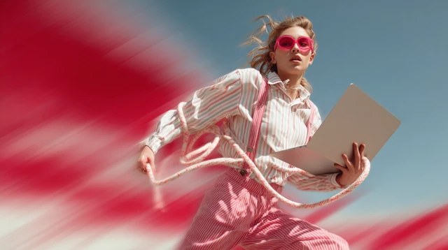 Woman in Fashion Runs with Laptop and Lasso