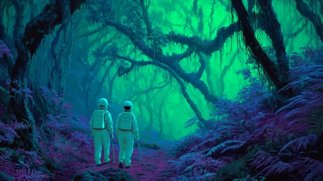 Retro Alien Jungle Exploration with Bioluminescent Vines