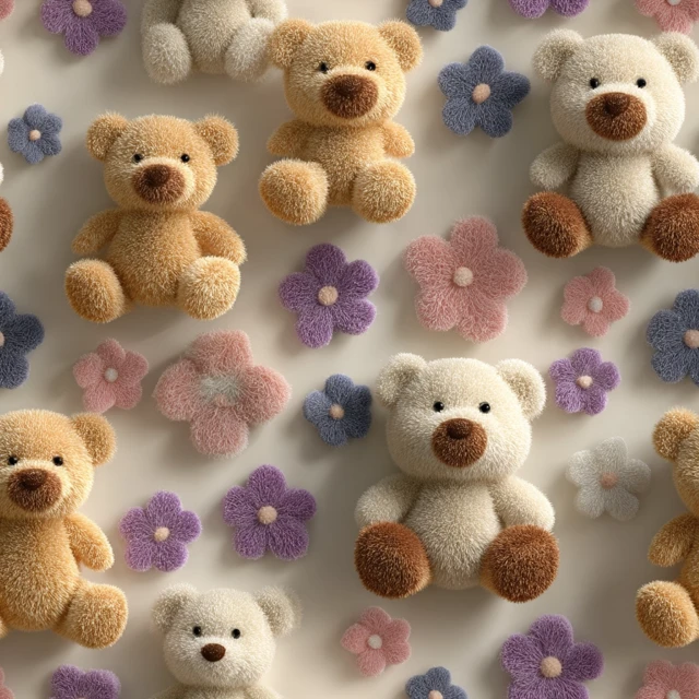 Teddy Bear and Plush Flowers Seamless Pattern 3D Render