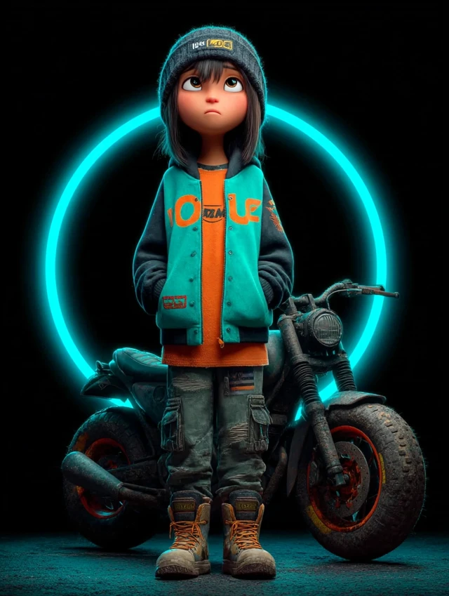 3D Cartoon Girl and Motorcycle