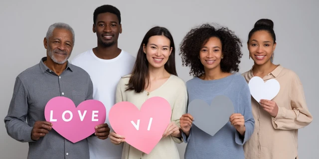 Diverse Group Holds Hearts Studio Portrait