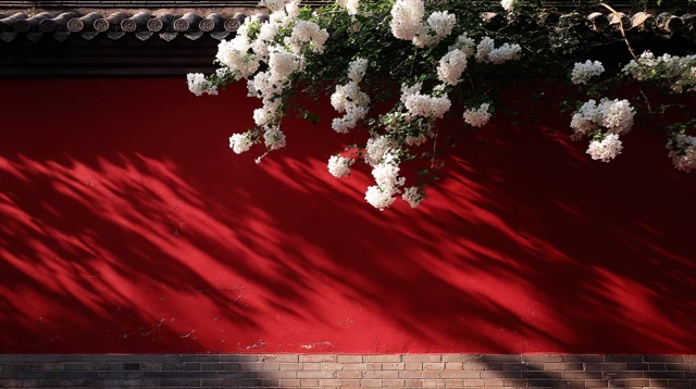 Cherry Blossoms on Red Wall Wallpaper
