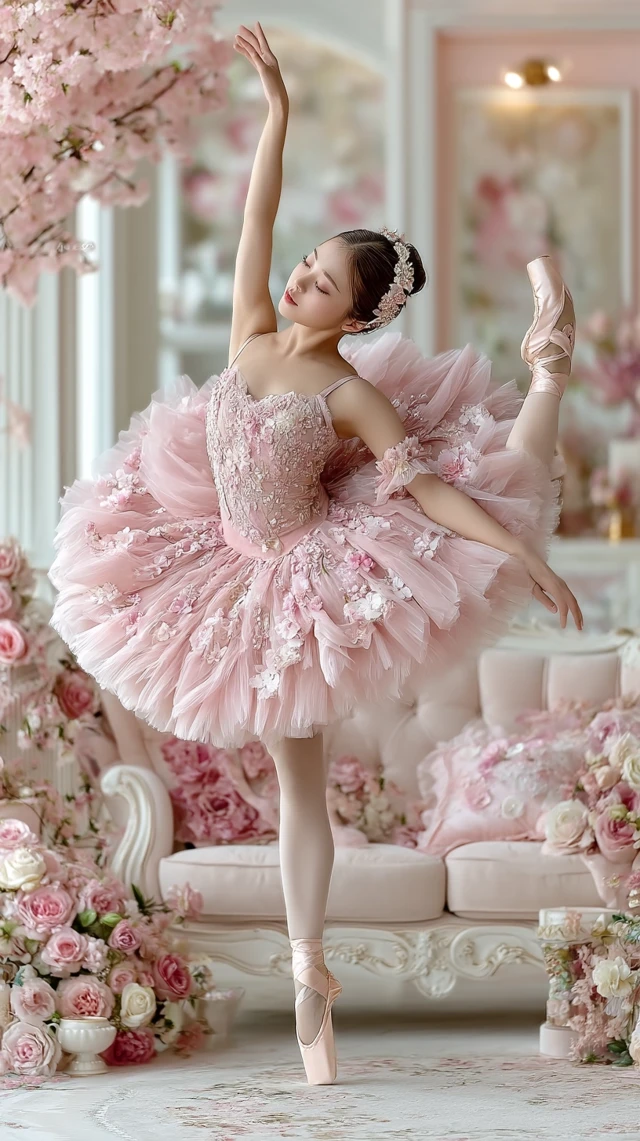 Japanese Ballerina in Pastel Room Cherry Blossoms