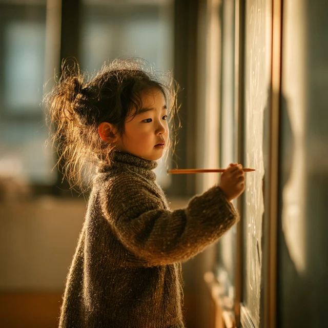 Korean Schoolgirl Writing at Chalkboard Sejong City