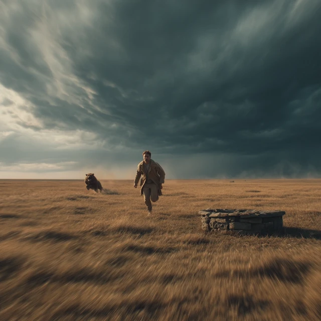 Terrified Traveler Russian Steppe Chased by Beast