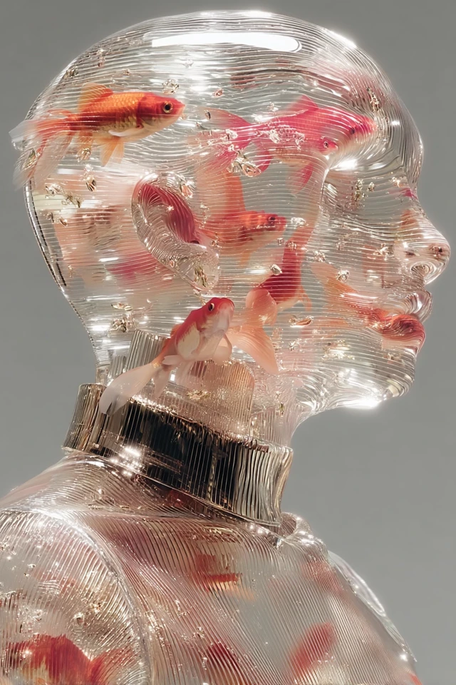 Glass Human with Goldfish Surreal Portrait