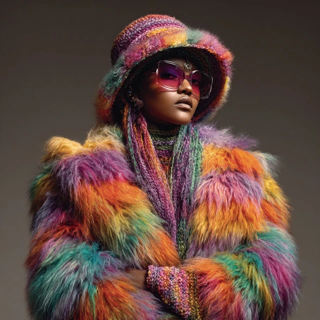 Black Woman in Colorful Fur Coat Vogue Fashion