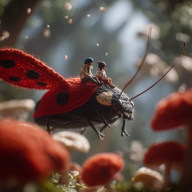 Ladybug Flight Through Oversized Flower Forest
