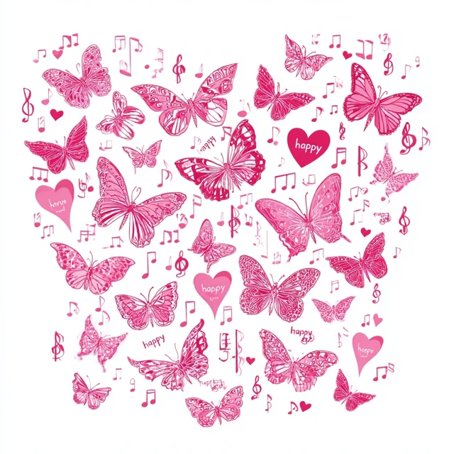 Pink Butterflies Hearts and Music Illustration