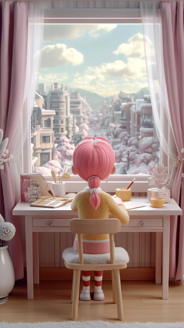 Girl Writing and Reading at Desk C4D Style