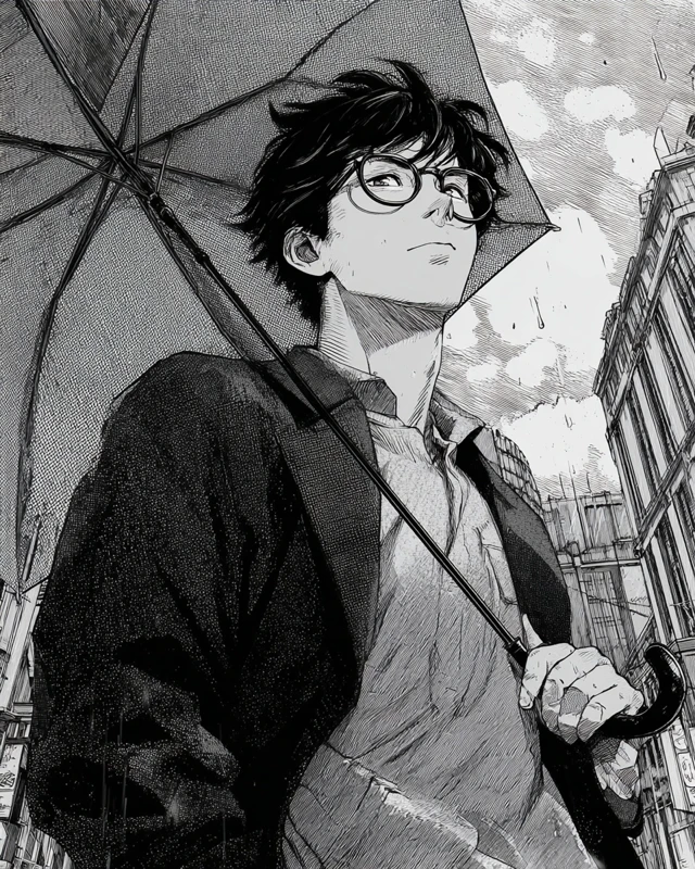 Anime Inspired Male with Umbrella Street Illustration