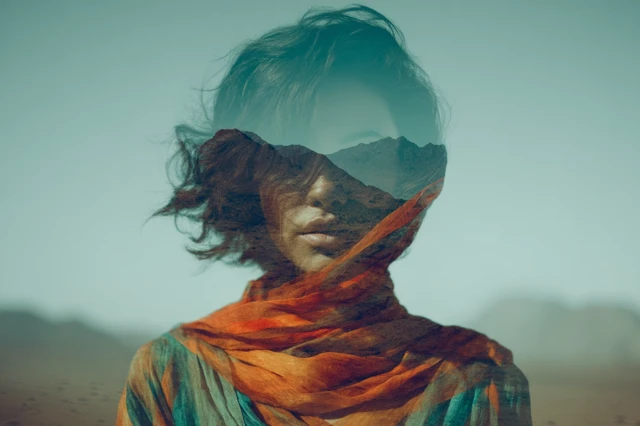 Double Exposure Woman in Desert Wind Photography