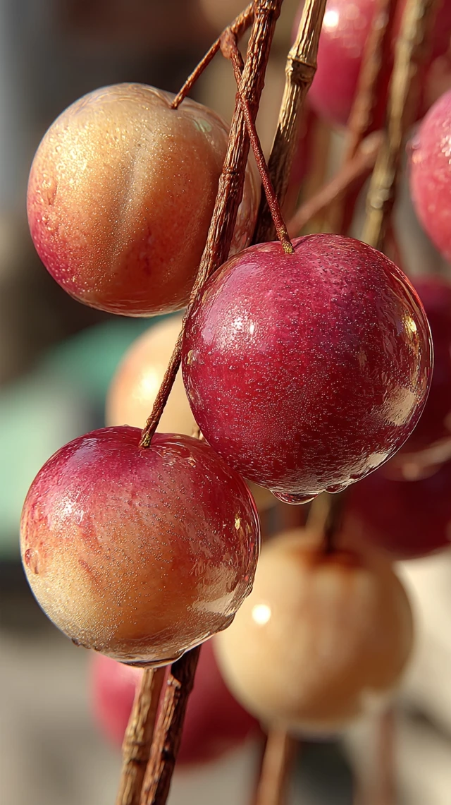 Glass Peaches: Photorealistic Macro Shot with Dewdrops