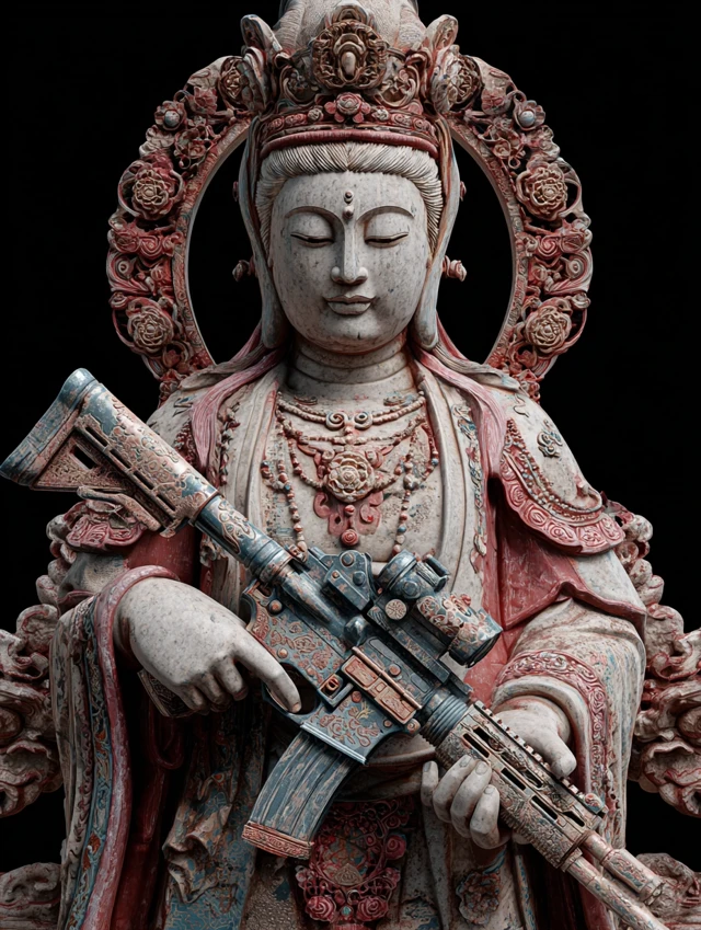 Bodhisattva Buddha Statue with Gun Photo Realistic