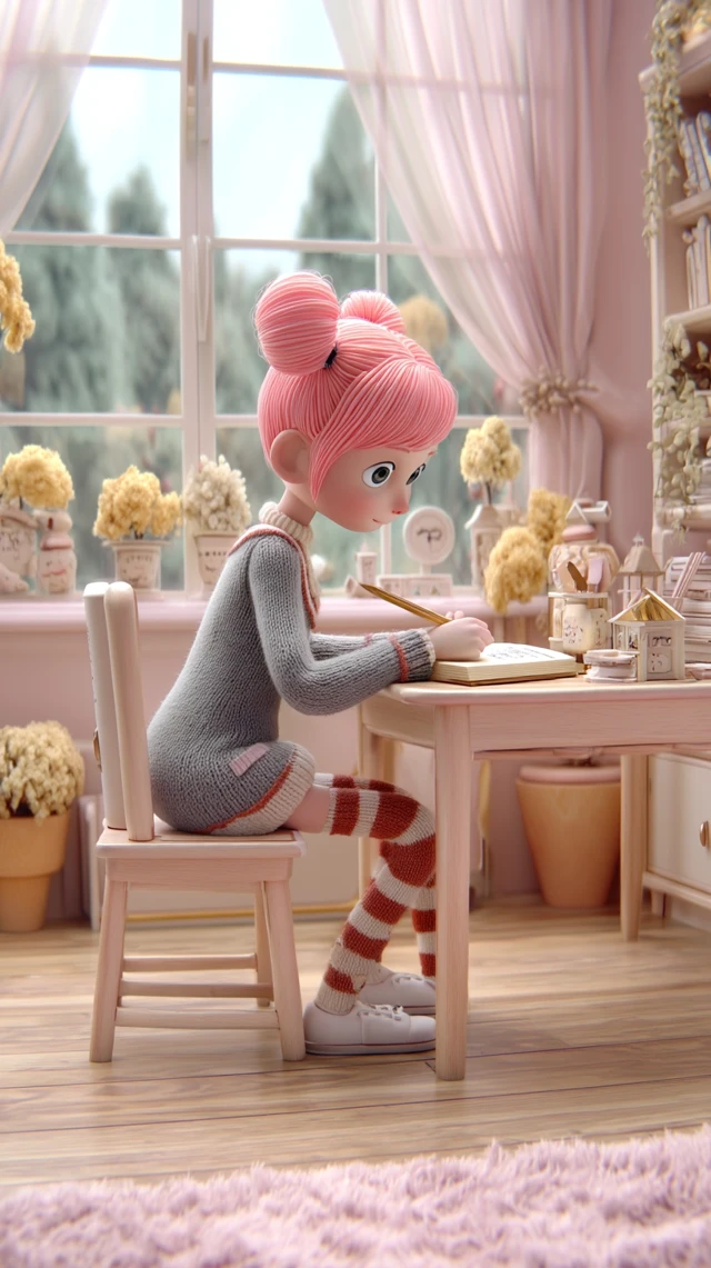 Girl Writing and Reading at Desk C4D Style