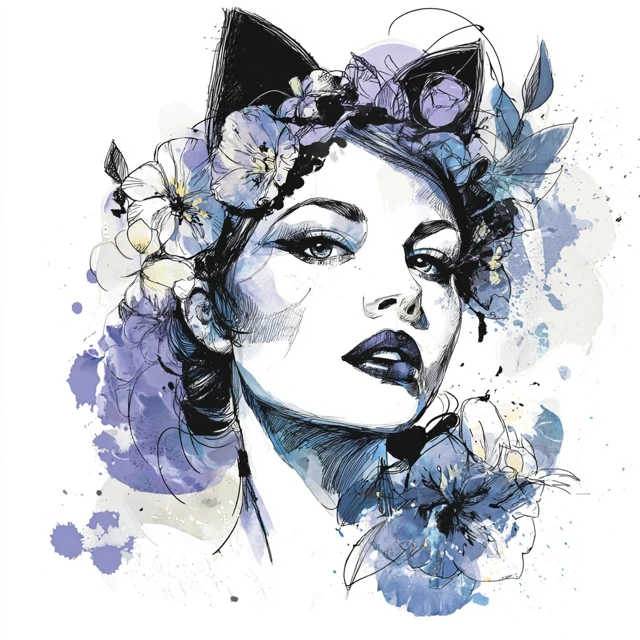 Catwoman with Flowers Sketchy Watercolor Art