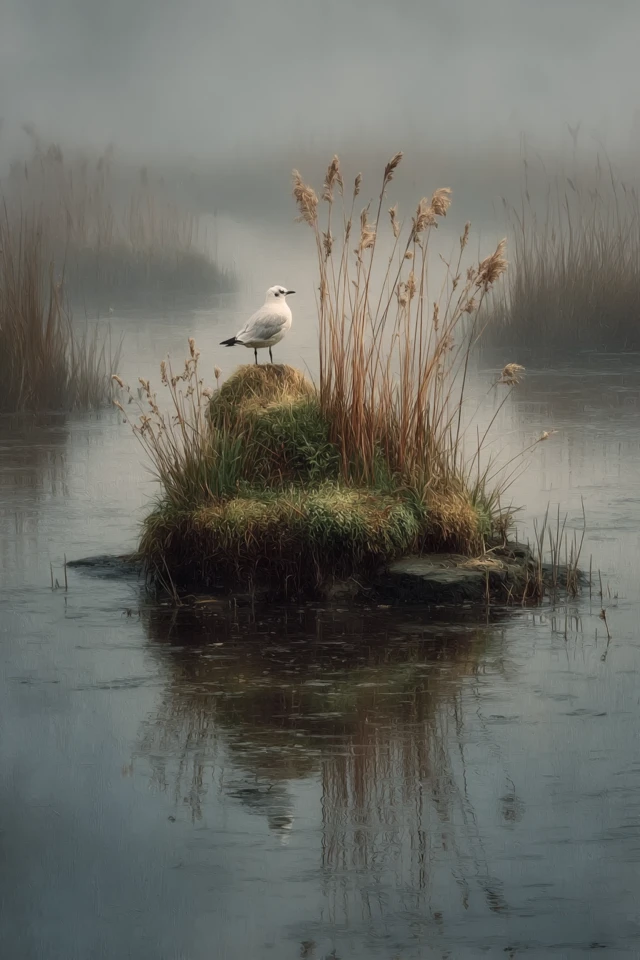 Misty Morning Island Black Headed Gull
