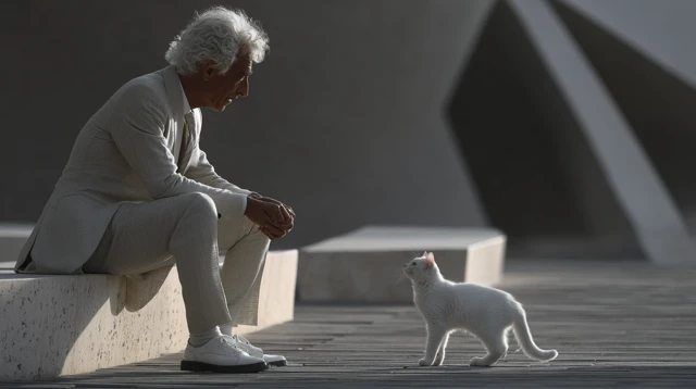 Man and White Kitten Cinematic Scene