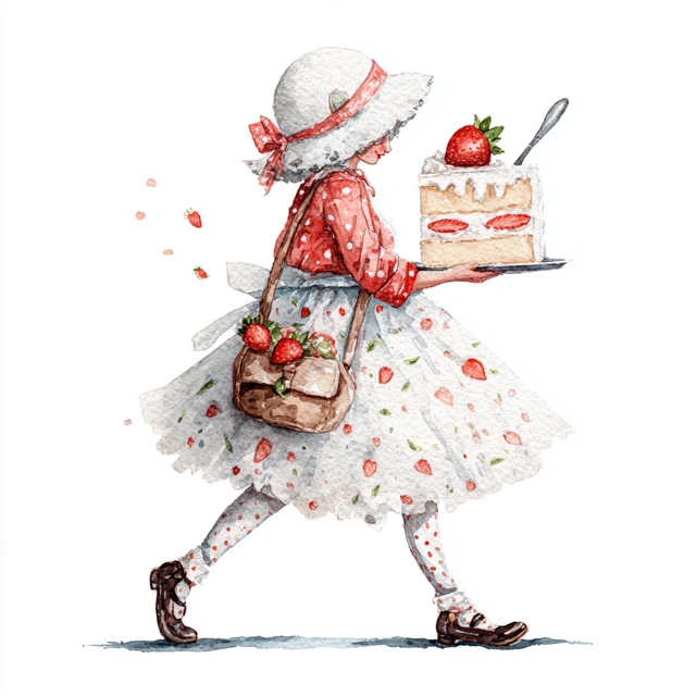 Strawberry Cake Girl Illustration Watercolor