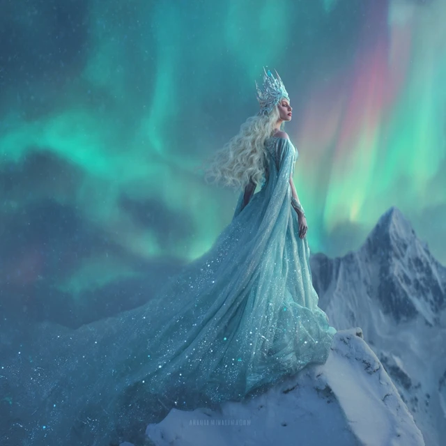 Aurora Goddess on Snowy Peak Fantasy Art