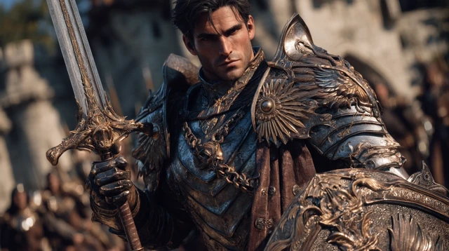 Heroic Knight In Golden Armor Burning Village