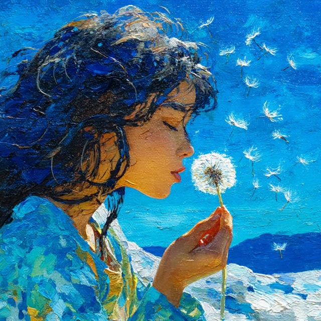 Oil Painting Child Blowing Dandelion Seeds