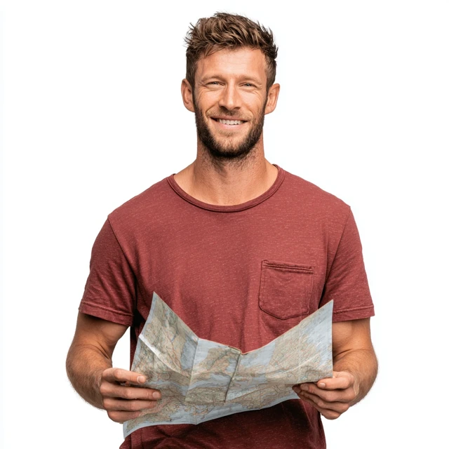 Safari Adventure Man with Map in Maroon Tee