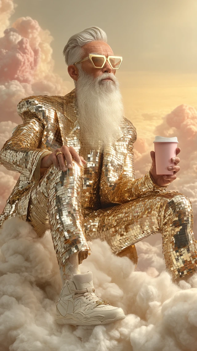 Celestial Fashion: Stylish Older Man on Clouds