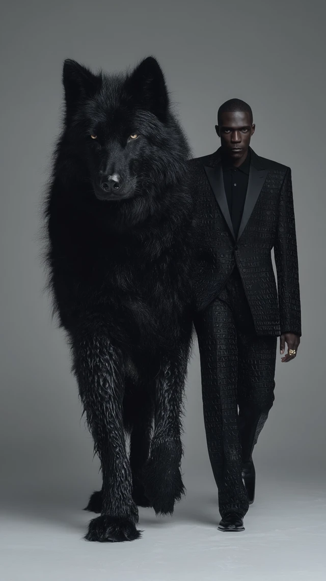 Man and Wolf in Black Balenciaga: Hyperrealistic Portrait