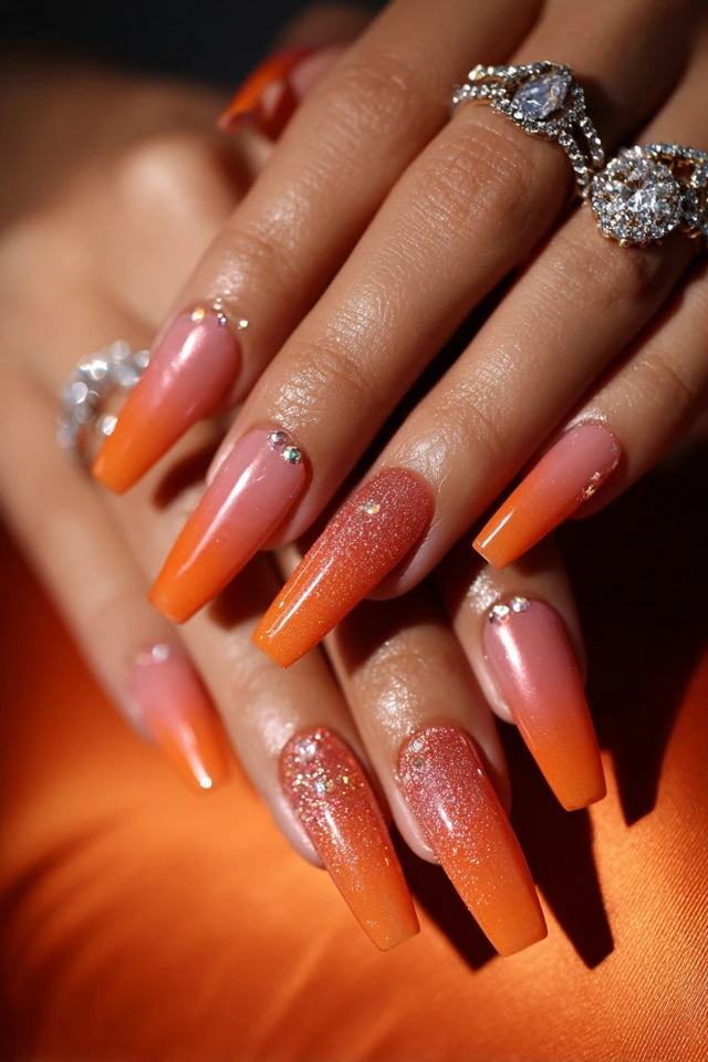 Glam Ombre Coffin Nails Rhinestone Glitter Details