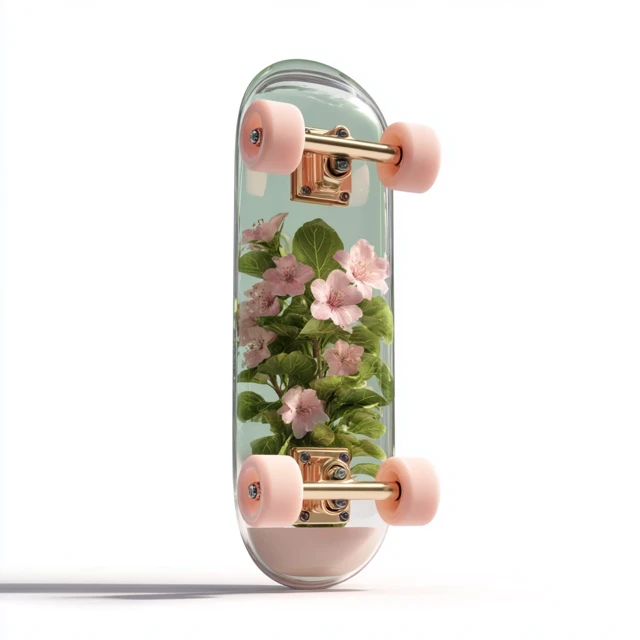 Glass Skateboard with Flowers 3D Icon Spring Aesthetic